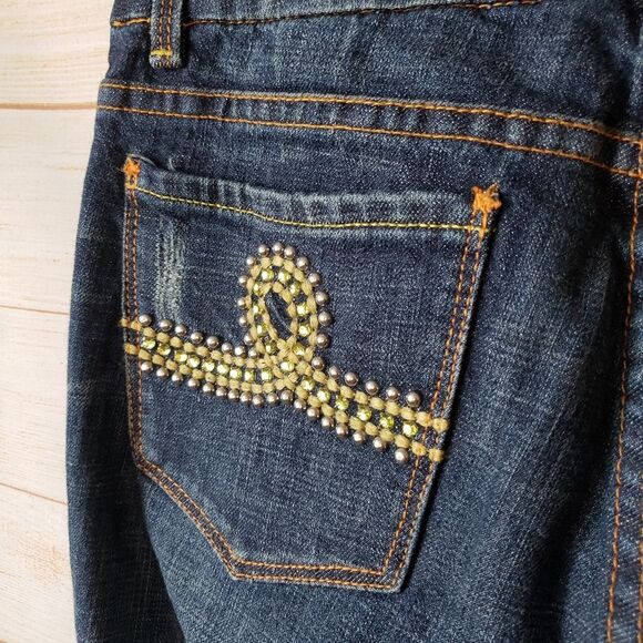 7 For All Mankind Embellished Rhinestone Distressed Regular Bootcut Denim Jeans - Picture 7 of 12